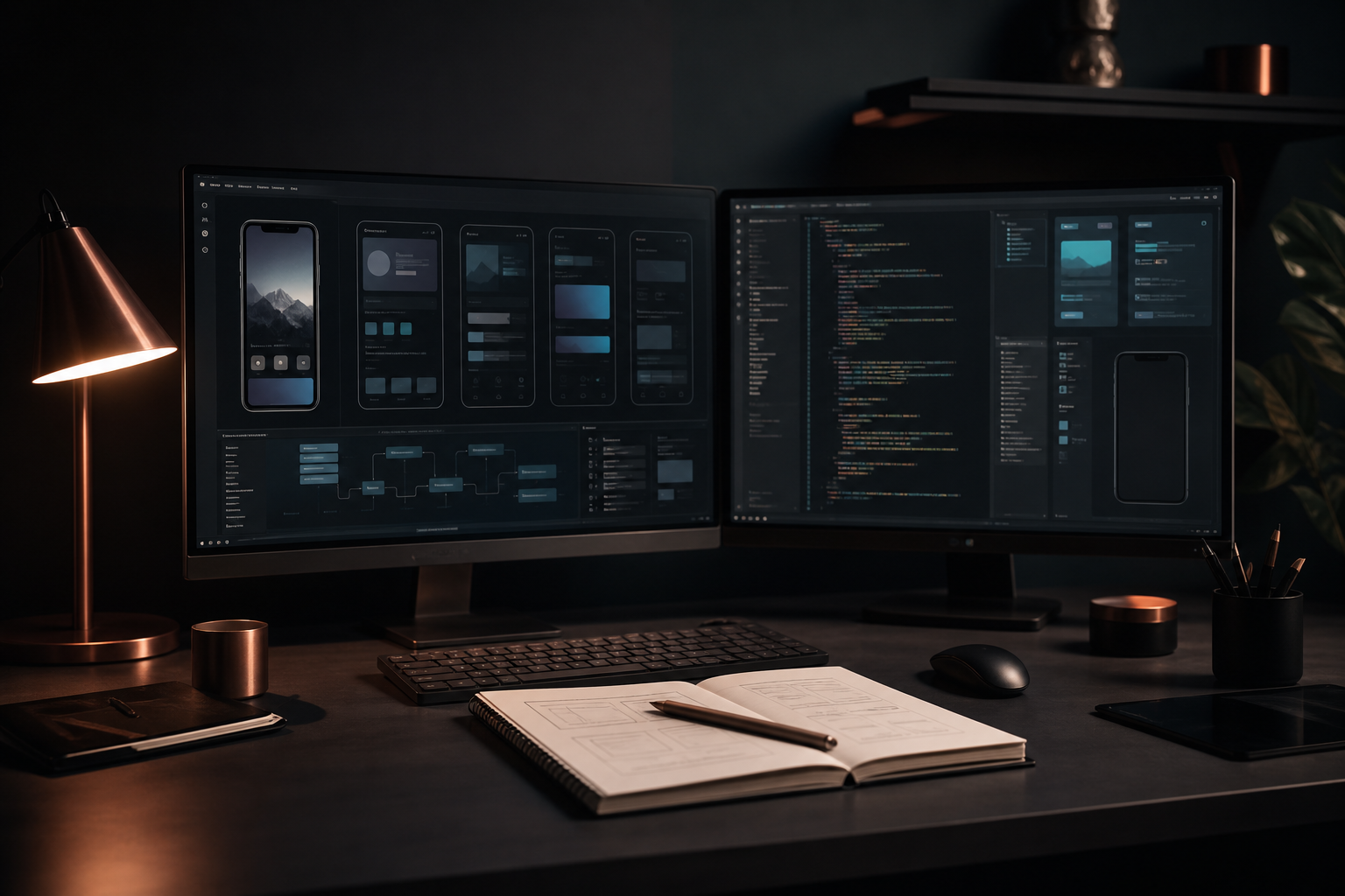 Escritorio moderno con monitores mostrando diseño de aplicaciones y código