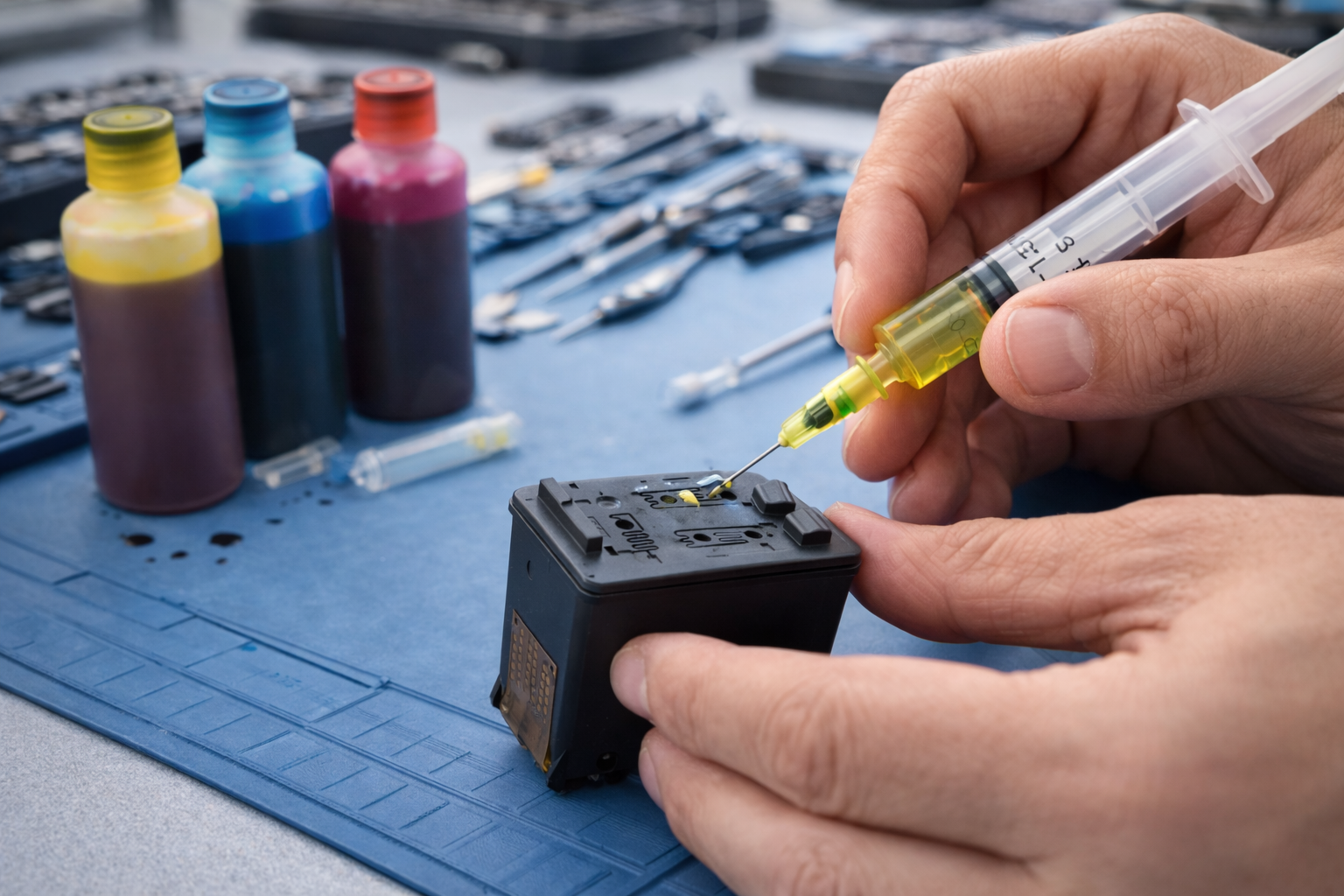 Recarga manual de tinta en un cartucho de impresora